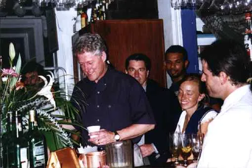 President Clinton enjoying a cup of coffee