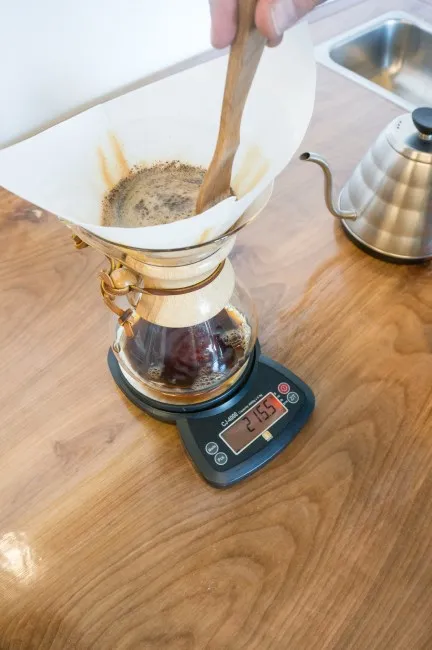 optional chemex coffee stir with wooden spoon