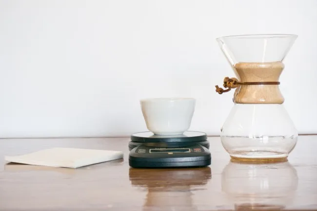 chemex coffee brewer setup with scale and filters
