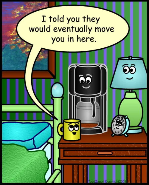 coffee maker in bedroom
