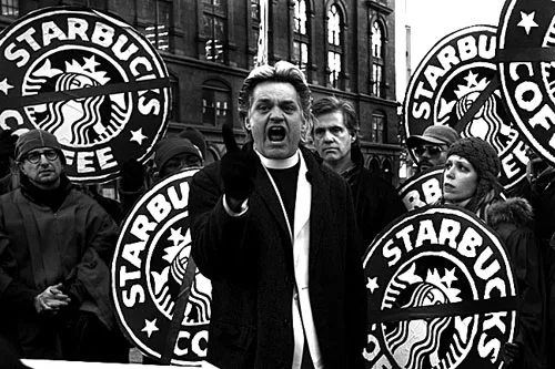 Rev Billy Preaching Outside Starbucks